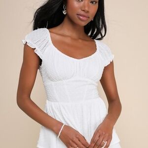 Lulus Considerably Cute White Swiss Dot Bustier Ruffled Romper - Size M